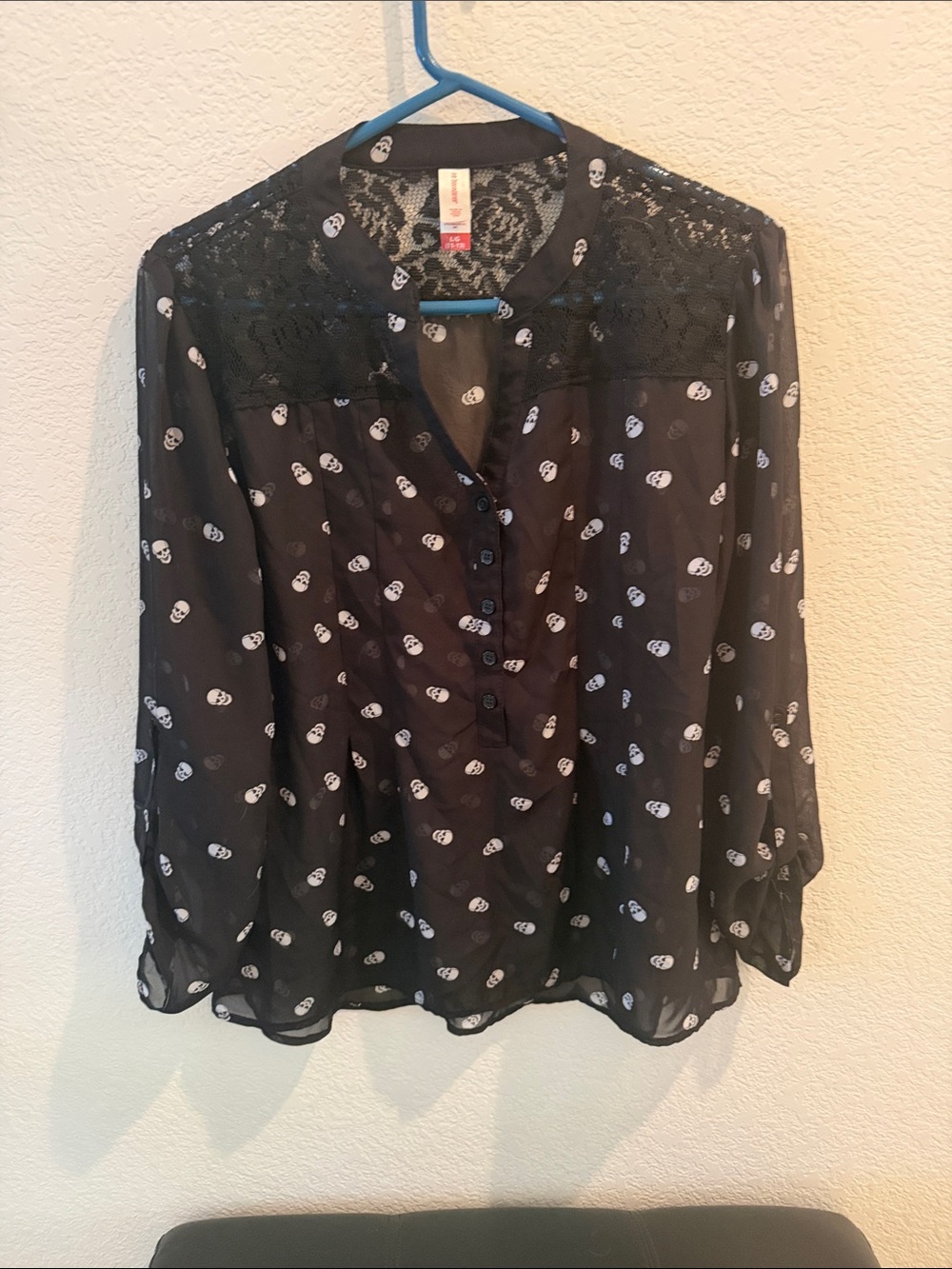 No Boundaries Black Sheer Skull Print Lace Yoke Blouse
